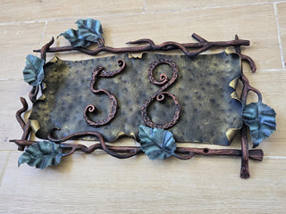 Wrought Iron House Number Sign – Hand Forged Address Plaque with Vines & Leaves – Custom Metal Home Sign