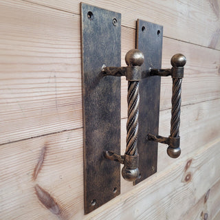 Iron Door Pull Set – Wrought Iron Door Handles, Antique Brass Finish, Rustic Entry Door Pulls, Heavy Duty Iron Door Decor