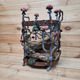 Hand-Forged Firewood Rack with Mushrooms, Firewood storage basket, Wrought Iron Firewood Holder, Fireplace, Mushroom Decor Wood Holder