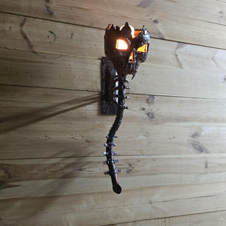 Spooky medieval skull lamp mounted on rustic wooden wall