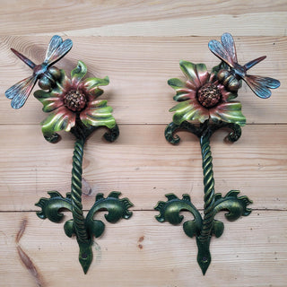 Artistic floral iron door pull with dragonfly