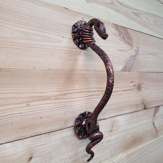 Snake door pull with detailed head and coiled body, mounted on a rustic wooden door.