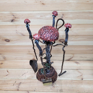 Mushroom Fireplace Tool Set – Hand-Forged Wrought Iron Fairy Tale Decor with Red Toadstool Handles