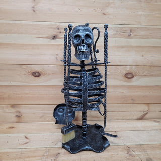 Skull Fireplace Tool Set – Hand Forged Iron Skeleton Ribcage Stand – Gothic, Halloween, Horror Home Decor, Haunted House Tools