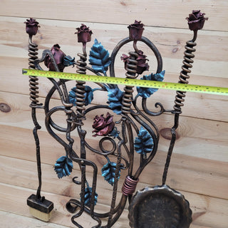 Wrought Iron Fireplace Tool Set with Forged Roses – Handmade Romantic Hearth Decor