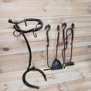 Horse Fireplace Tool Set – Hand Forged Wrought Iron Fire Tools – Equestrian Decor with Horse Head Handles – Rustic Barn Style Gift