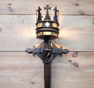Hand Forged Wall Torch Sconce with Crown. Medieval Rustic Iron Wall Lamp. Gothic Castle Lighting. Wrought Iron Candle Style Light