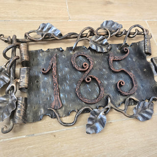 Hand Forged House Number Sign. Wrought Iron Address Plaque with Leaves. Rustic Metal Home Number Plate. Custom Outdoor Decorative Sign