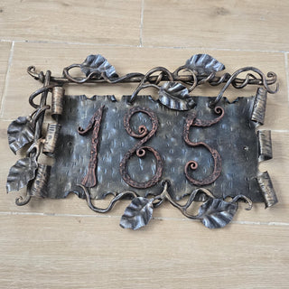 Hand Forged House Number Sign | Wrought Iron Address Plaque with Leaves | Rustic Metal Home Number Plate | Custom Outdoor Decorative Sign