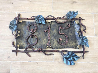 Wrought Iron House Number Sign – Hand Forged Address Plaque with Vines & Leaves – Custom Metal Home Sign