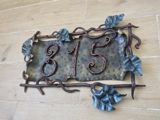 Wrought Iron House Number Sign – Hand Forged Address Plaque with Vines & Leaves – Custom Metal Home Sign