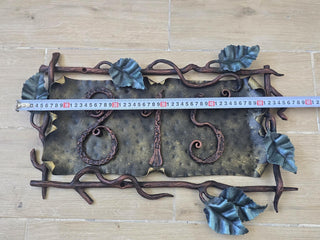 Wrought Iron House Number Sign – Hand Forged Address Plaque with Vines & Leaves – Custom Metal Home Sign