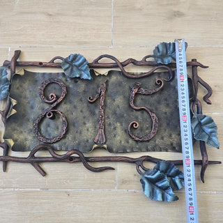 Wrought Iron House Number Sign – Hand Forged Address Plaque with Vines & Leaves – Custom Metal Home Sign