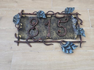 Wrought Iron House Number Sign – Hand Forged Address Plaque with Vines & Leaves – Custom Metal Home Sign