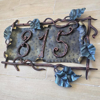 Wrought Iron House Number Sign – Hand Forged Address Plaque with Vines & Leaves – Custom Metal Home Sign