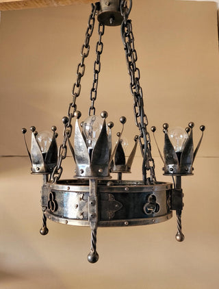 Wrought Iron Crown Chandelier – Medieval Rustic Pendant Light, 18.5" (47 cm) Handmade Blacksmith Lighting for Castle, Dining, Entryway