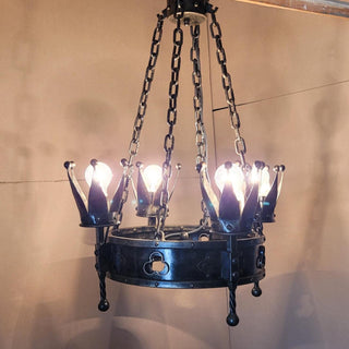 Wrought Iron Crown Chandelier – Medieval Rustic Pendant Light, 18.5" (47 cm) Handmade Blacksmith Lighting for Castle, Dining, Entryway