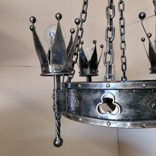 Wrought Iron Crown Chandelier – Medieval Rustic Pendant Light, 18.5" (47 cm) Handmade Blacksmith Lighting for Castle, Dining, Entryway