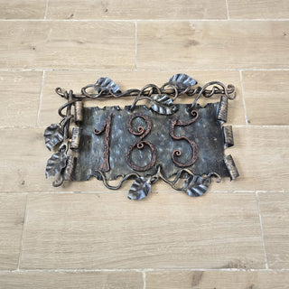 Hand Forged House Number Sign. Wrought Iron Address Plaque with Leaves. Rustic Metal Home Number Plate. Custom Outdoor Decorative Sign