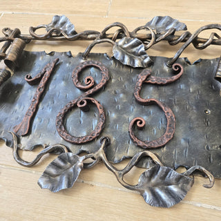 Hand Forged House Number Sign. Wrought Iron Address Plaque with Leaves. Rustic Metal Home Number Plate. Custom Outdoor Decorative Sign