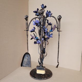 Hand Forged Fireplace Tool Set with Flowers and Hummingbirds