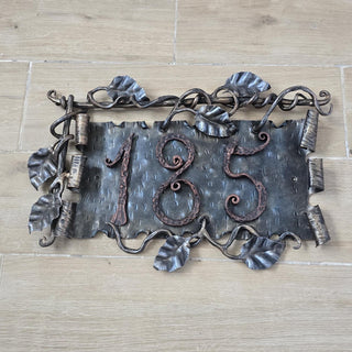 Hand Forged House Number Sign. Wrought Iron Address Plaque with Leaves. Rustic Metal Home Number Plate. Custom Outdoor Decorative Sign