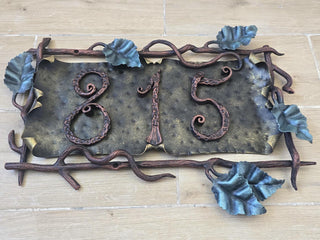 Wrought Iron House Number Sign – Hand Forged Address Plaque with Vines & Leaves – Custom Metal Home Sign