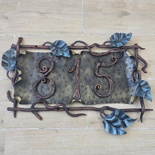 Wrought Iron House Number Sign – Hand Forged Address Plaque with Vines & Leaves – Custom Metal Home Sign