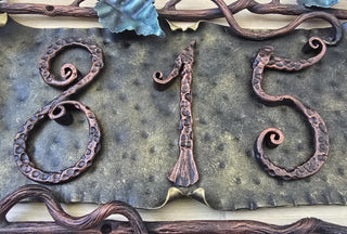 Wrought Iron House Number Sign – Hand Forged Address Plaque with Vines & Leaves – Custom Metal Home Sign