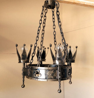 Wrought Iron Crown Chandelier – Medieval Rustic Pendant Light, 18.5" (47 cm) Handmade Blacksmith Lighting for Castle, Dining, Entryway