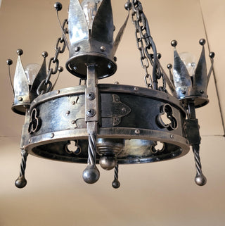 Wrought Iron Crown Chandelier – Medieval Rustic Pendant Light, 18.5" (47 cm) Handmade Blacksmith Lighting for Castle, Dining, Entryway