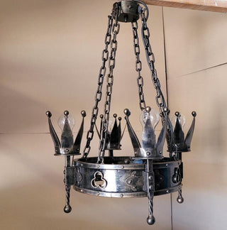 Wrought Iron Crown Chandelier – Medieval Rustic Pendant Light, 18.5" (47 cm) Handmade Blacksmith Lighting for Castle, Dining, Entryway