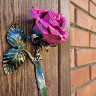 Hand Forged Pink Rose Door Pull: Metal Flower Handle