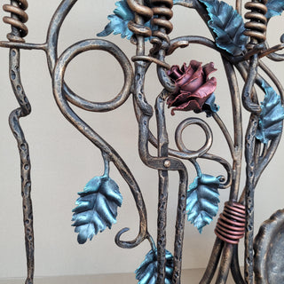 Wrought Iron Fireplace Tool Set with Forged Roses – Handmade Romantic Hearth Decor
