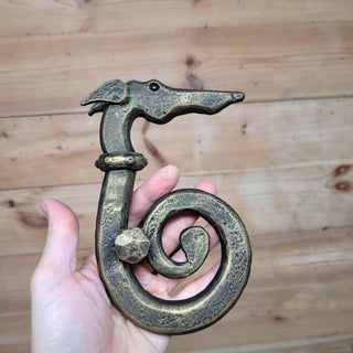 Hand Forged Dog Door Handle – Bronze Patina Iron Door Pull | Rustic Animal Shaped Door Handle | Unique Handmade Metal Door Hardware