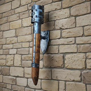 “Electric Viking-style wall torch light made of metal and wood, mounted on a rustic stone wall.”