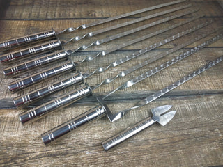 Hand Forged Stainless Steel Grilling Set: Skewers & Meat Fork
