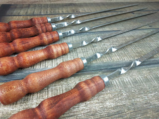 Hand Forged Grill Skewer Set: Stainless Steel with Wood Handle