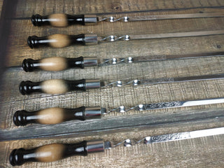 Hand Forged Stainless Steel Skewers with Wood Handle - Set of 6