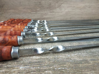 Hand Forged Stainless Steel Skewers with Wood Handle: Grilling Set of 10