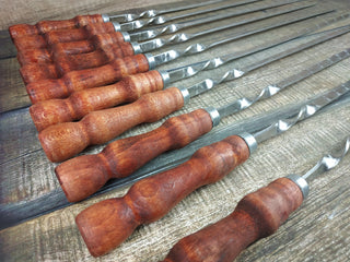 Hand Forged Stainless Steel Skewers with Wood Handle: Grilling Set of 10