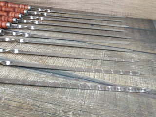 Hand Forged Stainless Steel Skewers with Wood Handle: Grilling Set of 10