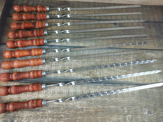 Hand Forged Stainless Steel Skewers with Wood Handle: Grilling Set of 10