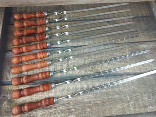 Hand Forged Stainless Steel Skewers with Wood Handle: Grilling Set of 10
