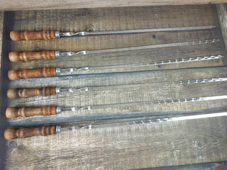 Hand Forged Stainless Steel Grill Skewers with Wood Handle - Set of 6