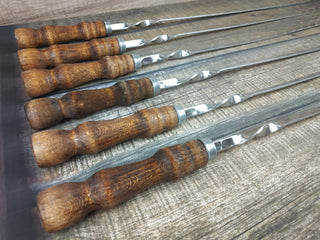 Hand Forged Stainless Steel Grill Skewers with Wood Handle - Set of 6