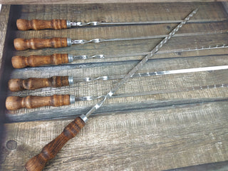 Hand Forged Stainless Steel Grill Skewers with Wood Handle - Set of 6