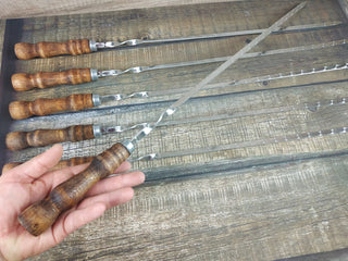 Hand Forged Stainless Steel Grill Skewers with Wood Handle - Set of 6