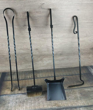 Hand Forged Fireplace Tools Set: Poker, Tongs, Shovel, and Broom