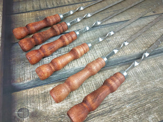 Hand Forged Grill Skewer Set: Stainless Steel with Wood Handle